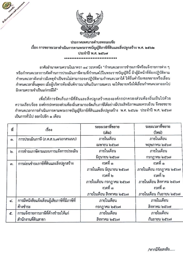 ประกาศเทศบาลตำบลทะเมนชัย เรื่อง การขยายเวลาดำเนินการตามพระราชบัญญัติภาษีที่ดินและสิ่งปลูกสร้าง พ.ศ.2562 ประจำปี พ.ศ.2567