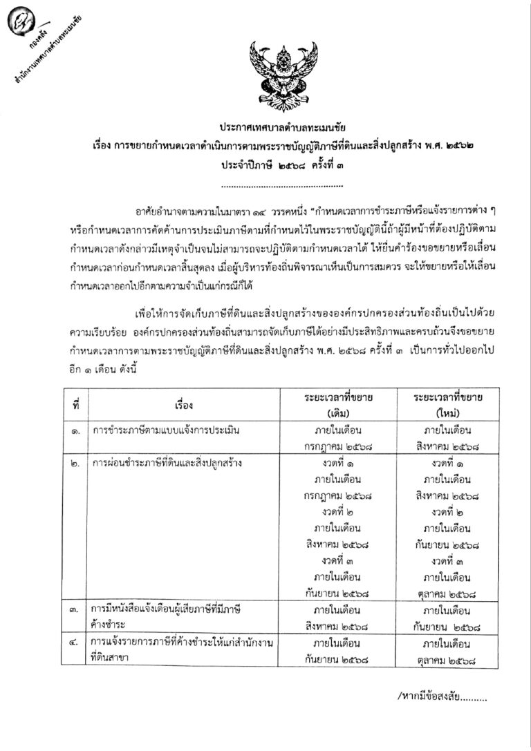 ประกาศการขยายกำหนดเวลาดำเนินการตามพระราชบัญญัติภาษีที่ดินและสิ่งปลูกสร้าง พ.ศ.2562 ประจำปีภาษี 2568 ครั้ง  3